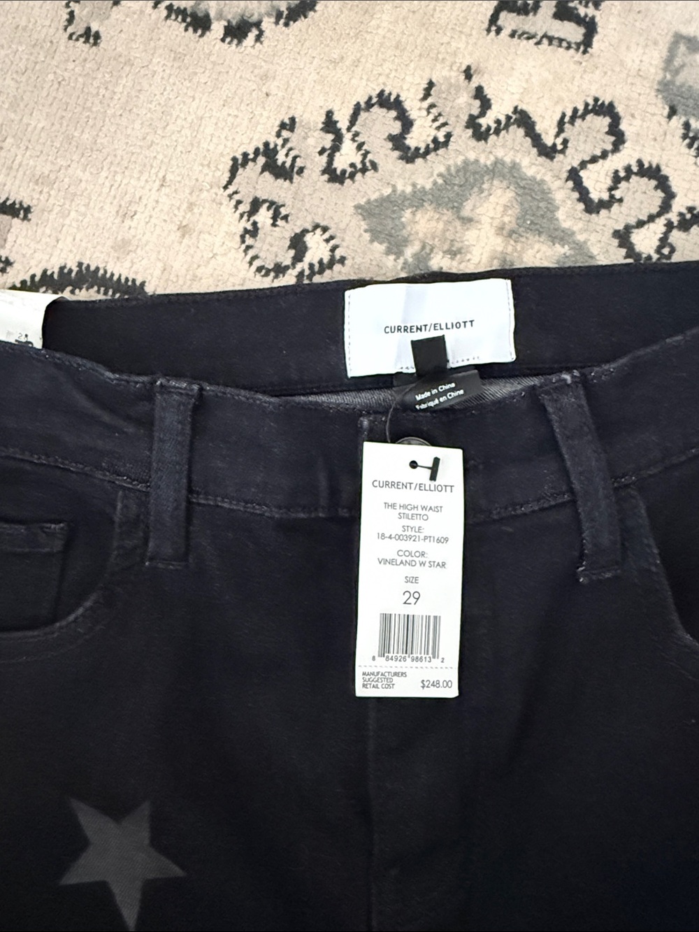 Current/Elliott High Waist Stiletto Jeans in Black with Star Print